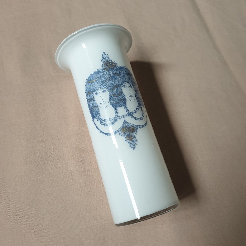 Vintage Holmegaard White Vase with Blue Signature